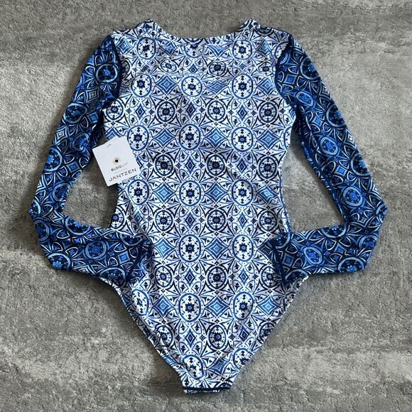 Bloquv X Jantzen Swimsuit Small Zip Front Long Sleeve One Piece Blue Padded New - Picture 7 of 12